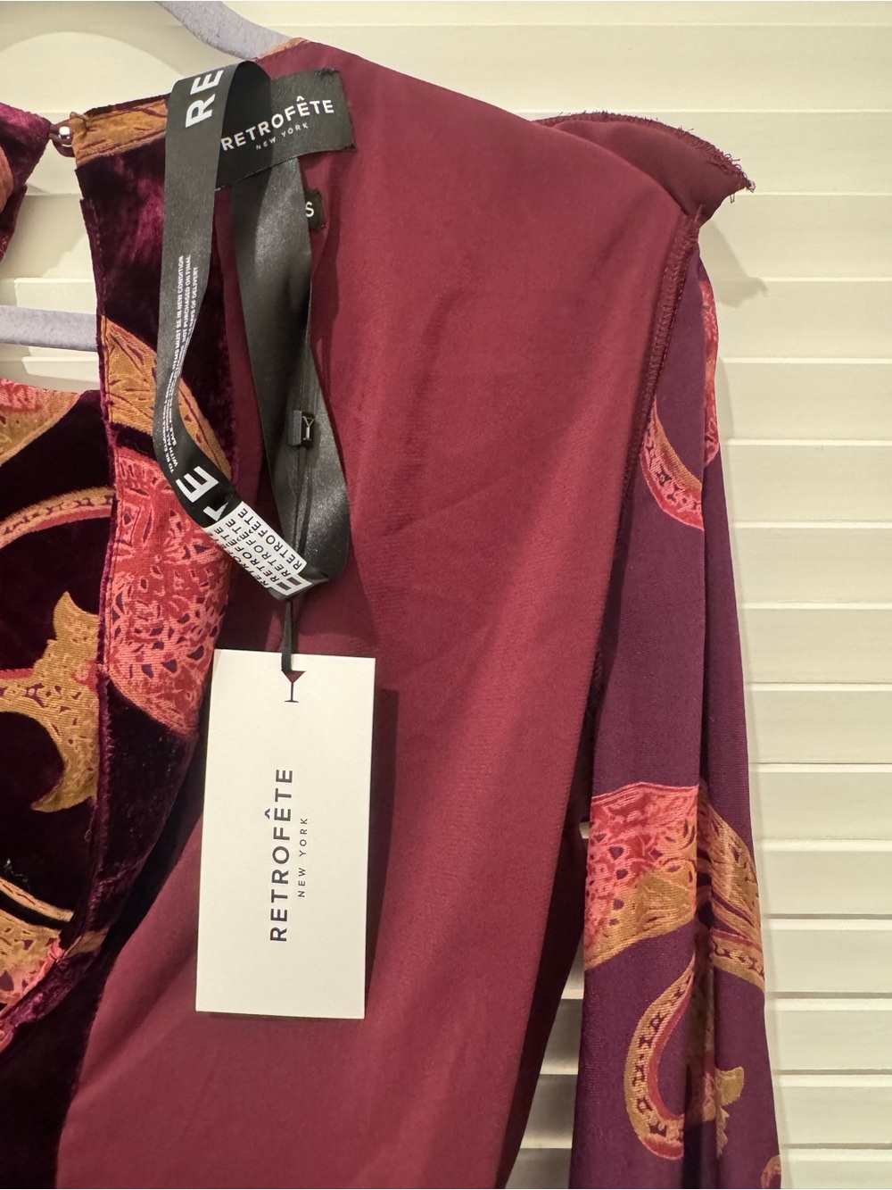 Retrofete Burgundy Velvet Paisley Tie-Waist Long Sleeve Dress - Picture 8 of 12
